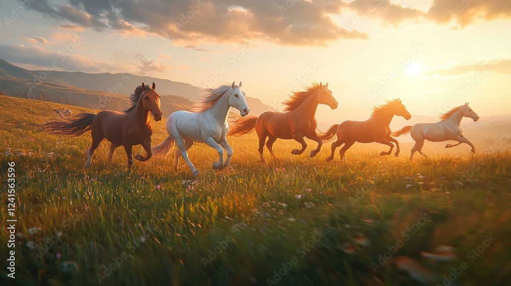 Fototapeta premium Majestic Horses Galloping at Sunset in Mountain Meadow