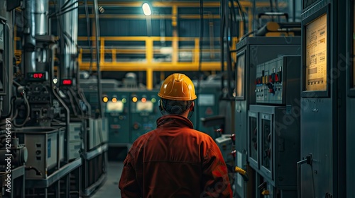 electrican at the work, close up ofa worker with helmet at the workstation