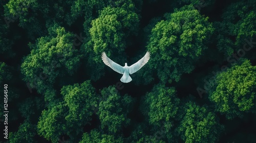 White dove aerial forest flight, nature peace