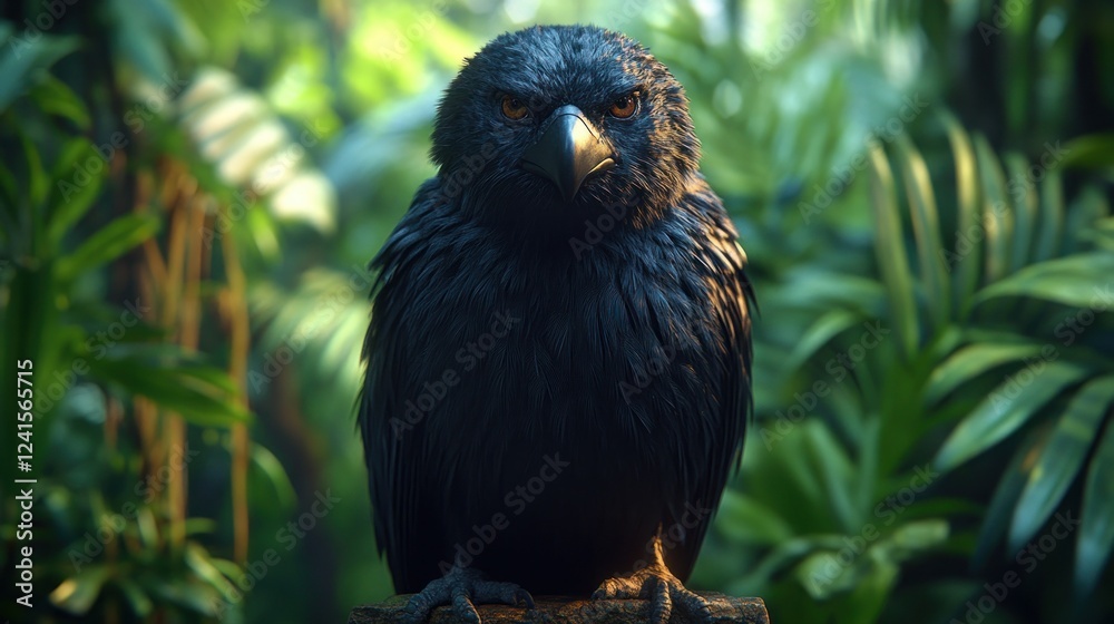 Fototapeta premium Angry crow jungle portrait, sunlit leaves