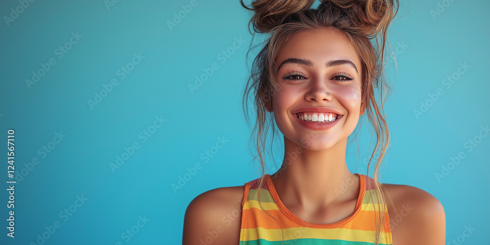 Joyful young woman smiling against a bright blue background portrait photography indoor environment close-up view happiness concept Joyful young woman smiling against a bright blue background portrait photography indoor environment close-up view happiness concept