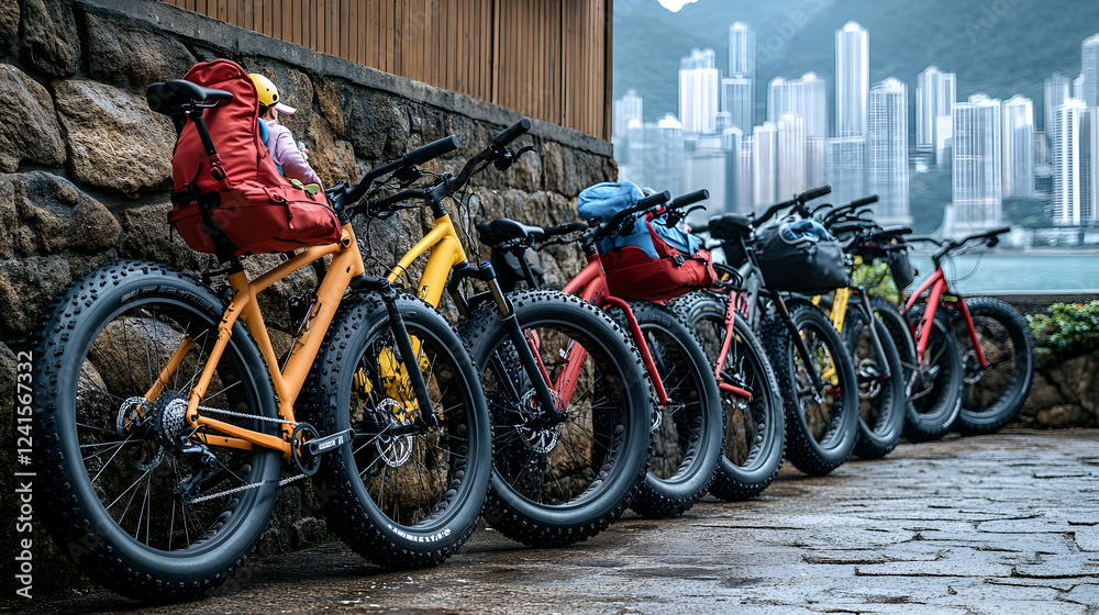 Fat bikes parked near city skyline, urban cycling adventure Fat bikes parked near city skyline, urban cycling adventure