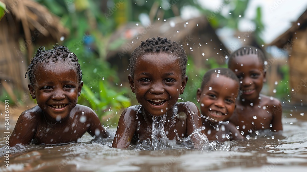 Obraz premium Children Joyfully Playing with Clean Water in a Rural Village: Showcasing the Vital Importance of Safe Water Access