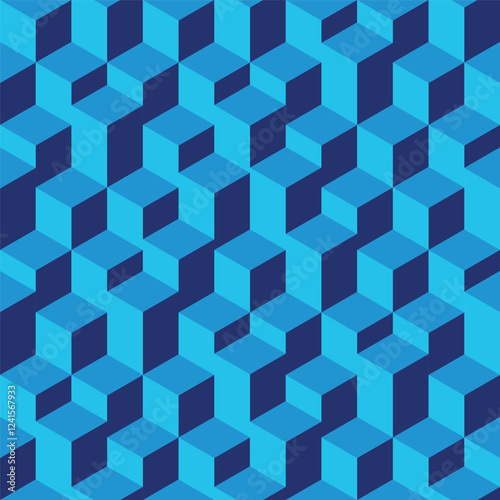 Seamless vector isometric 3D pattern. Blue cubes and prisms in isometric perspective in random hight stairs pattern. Repetitive pattern with no seams