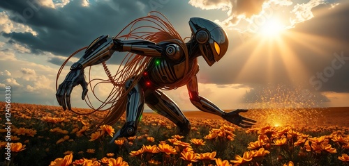 extraterrestre robotico en medio de un jardin de flores 
