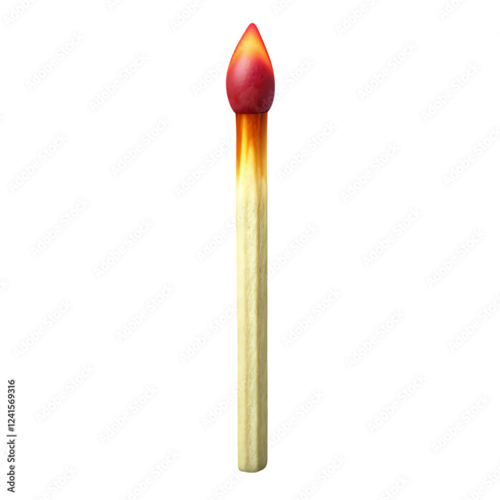 Burning matchstick isolated on detailed image up red hot fire heat wood on transparent background