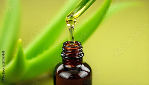Aloe Vera Essential Oil Dripping From The Edge Of An Leaf Onto A Brown Glass Bottle On Green Background
