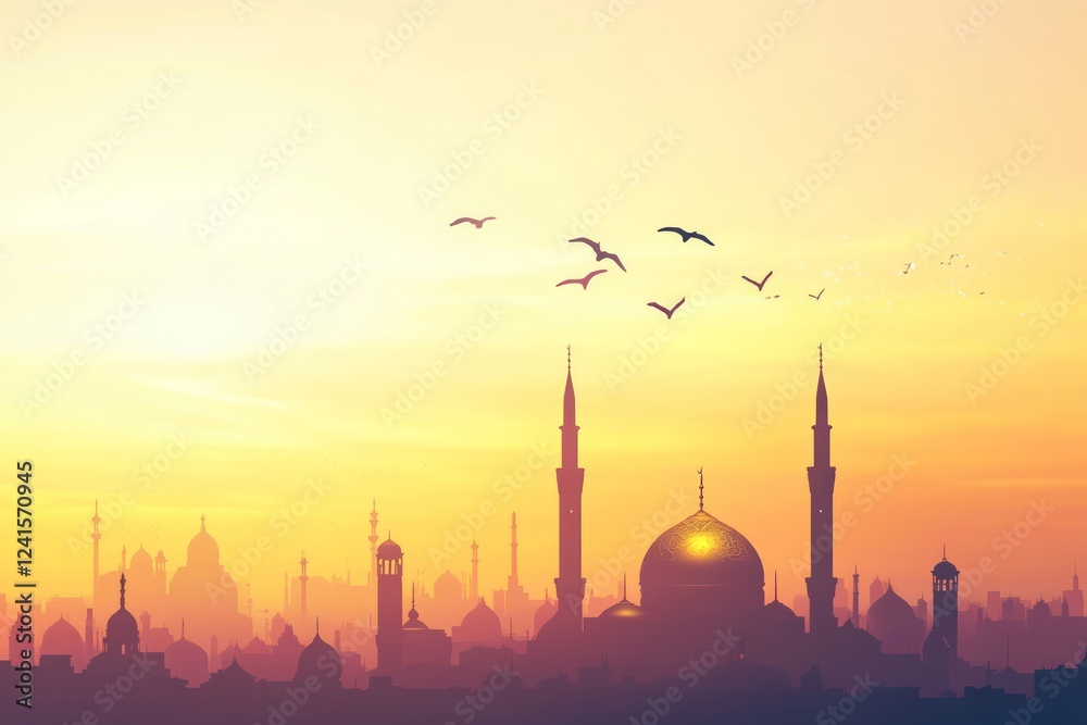 Fototapeta premium Majestic Mosques at Golden Sunset: A Cityscape of Faith and Beauty