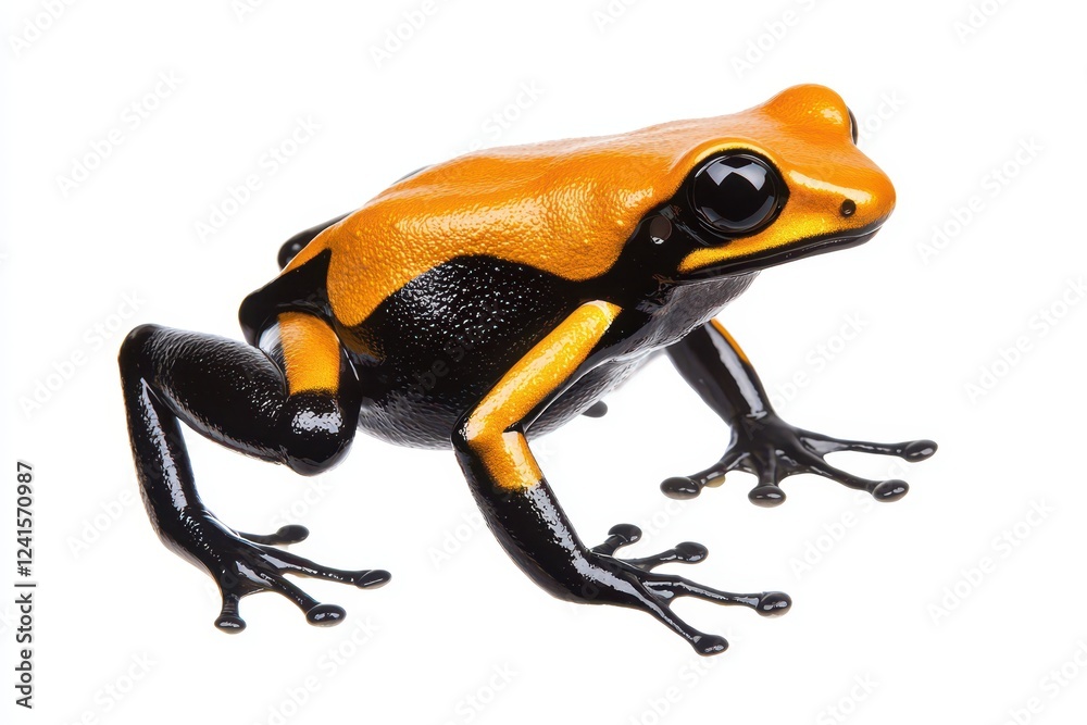 Obraz premium Vibrant orange and black frog resting on a white background, showcasing its unique colors.