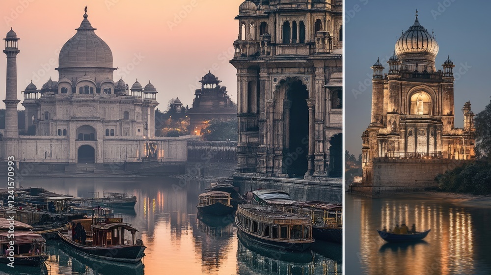 Fototapeta premium Kerala houseboats, Kolkata Victoria Memorial, and the Ajanta Caves rise from the book pages.