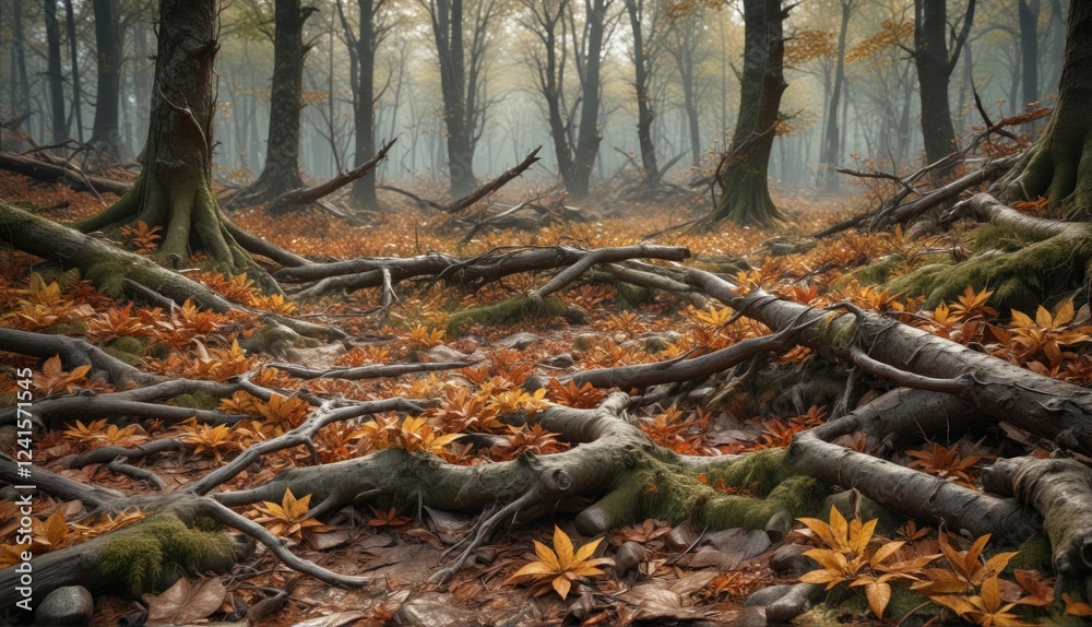 Dense forest floor with fallen branches and decaying leaves, dense, nature, twisted Dense forest floor with fallen branches and decaying leaves, dense, nature, twisted