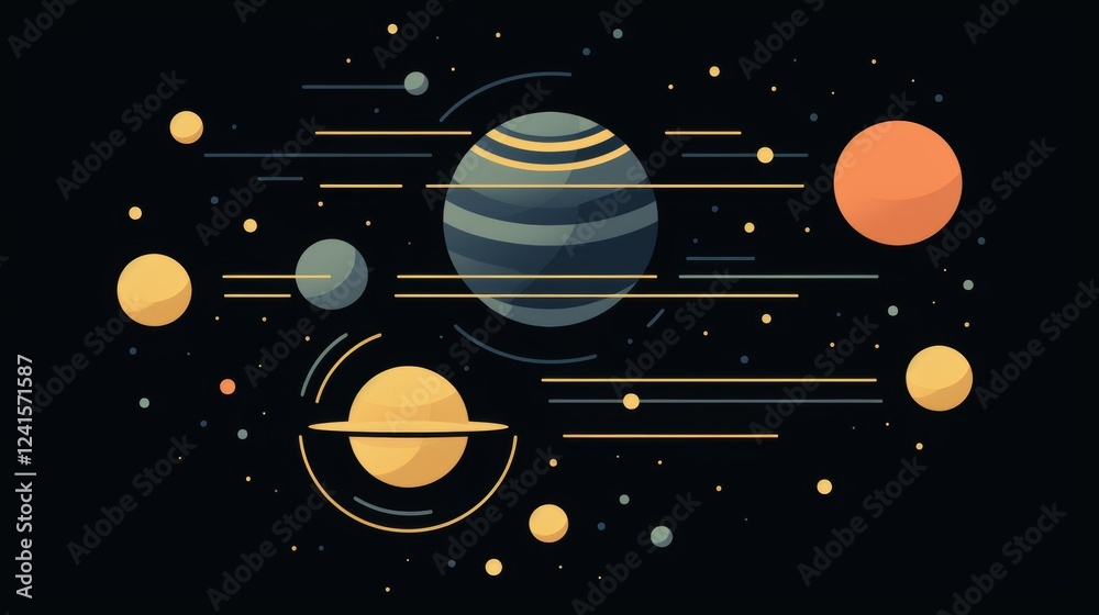 Fototapeta premium Pale neon outlines of celestial bodies planets and stars in varying sizes for depth and simplicity