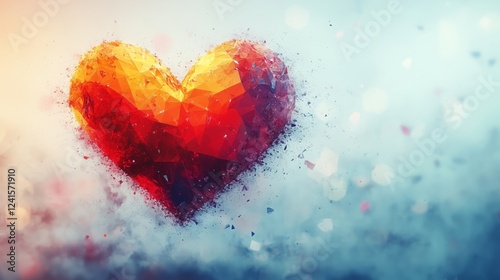 Low poly heart symbol illustration showcasing vibrant colors and geometric design against a soft gradient background. Space for text