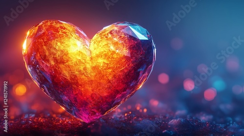 Low poly heart symbol glowing in vibrant colors displays love and emotion in a whimsical setting. Space for text