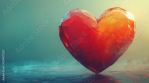 Vibrant low poly heart symbol radiating warmth and emotion in a colorful abstract background. Space for text