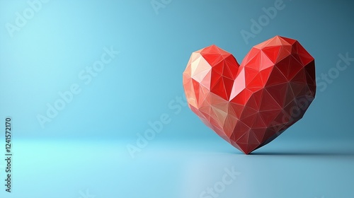 Low poly illustration of a stylized heart symbol on a blue background. Space for text