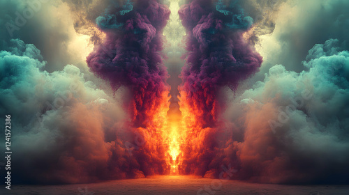 Fiery chasm in surreal cloudscape; apocalyptic landscape; digital art, concept art photo