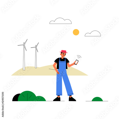 Renewable Energy, Male Farmer Using Smartphone In Wind Farm Setting In Flat Vector Illustration Symbolizing Sustainable Agriculture And Green Energy, Isolated On White Background