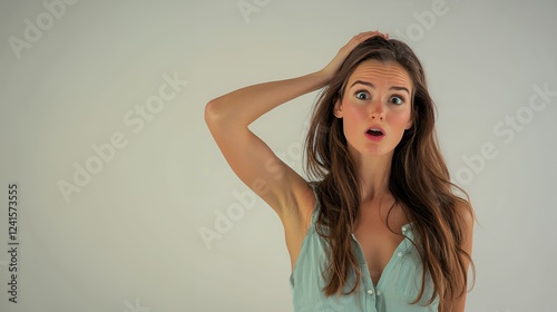 portrait of a beautiful young woman posing with her hands on her head and eyes wide open, looking up and to the side 