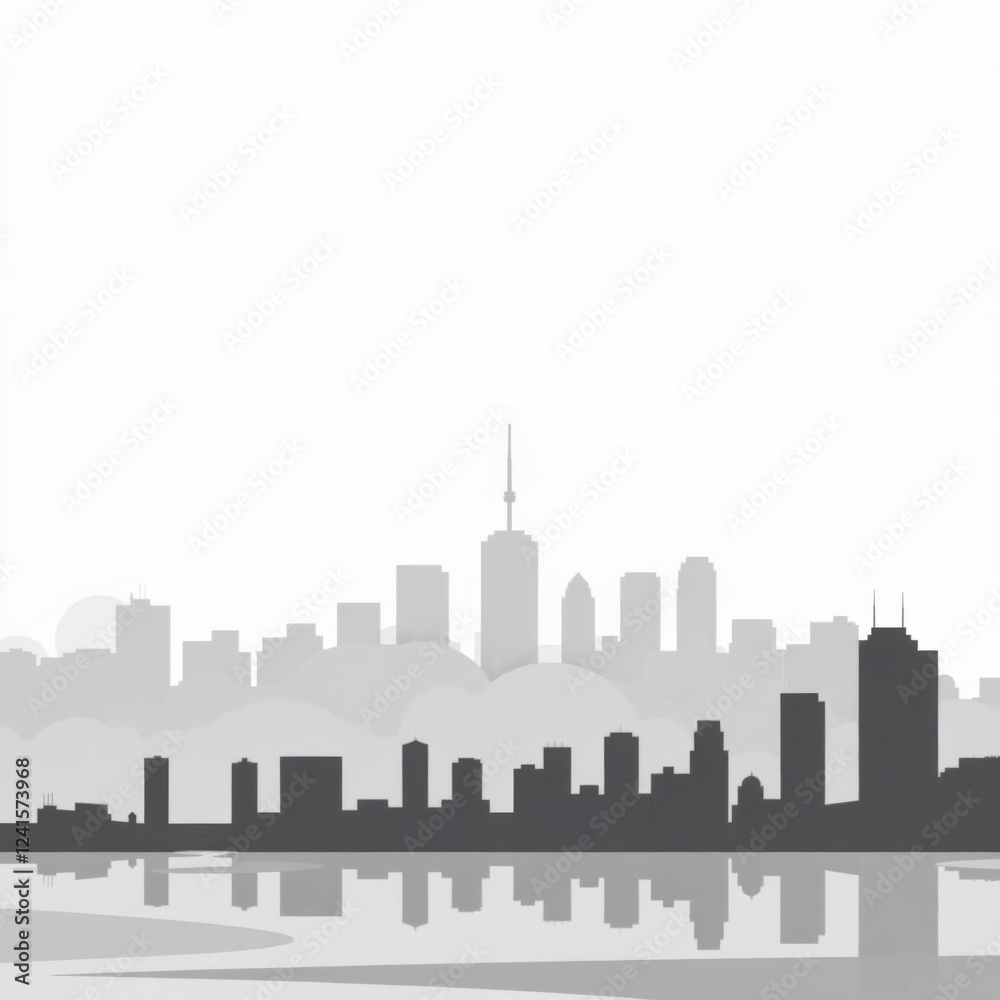 Fototapeta premium A vibrant city skyline at sunset with a bright sun and pink blue and orange sky silhouetted skyline cityscape architecture illustration building city vector