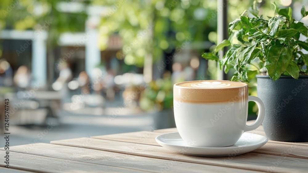 Cappuccino on outdoor cafe table, city background Cappuccino on outdoor cafe table, city background
