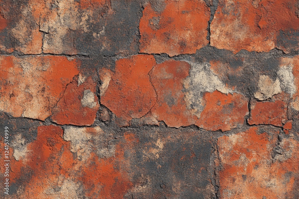 Fototapeta premium Distressed Brick Wall Texture Seamless Red, Gray, and Beige Brickwork with Cracks and Peeling Paint