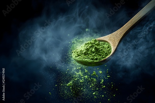 Green Matcha Tea Powder on Wooden Spoon with Smoke Culinary Ingredient Japanese Tea Ceremony photo