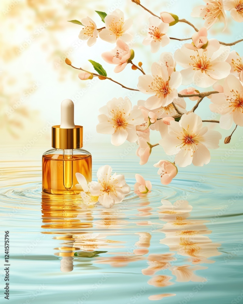 Elegant Luxury Facial Oil Mockup with Transparent Bottle and Blooming Cherry Blossoms Reflected in Serene Water Surface Elegant Luxury Facial Oil Mockup with Transparent Bottle and Blooming Cherry Blossoms Reflected in Serene Water Surface