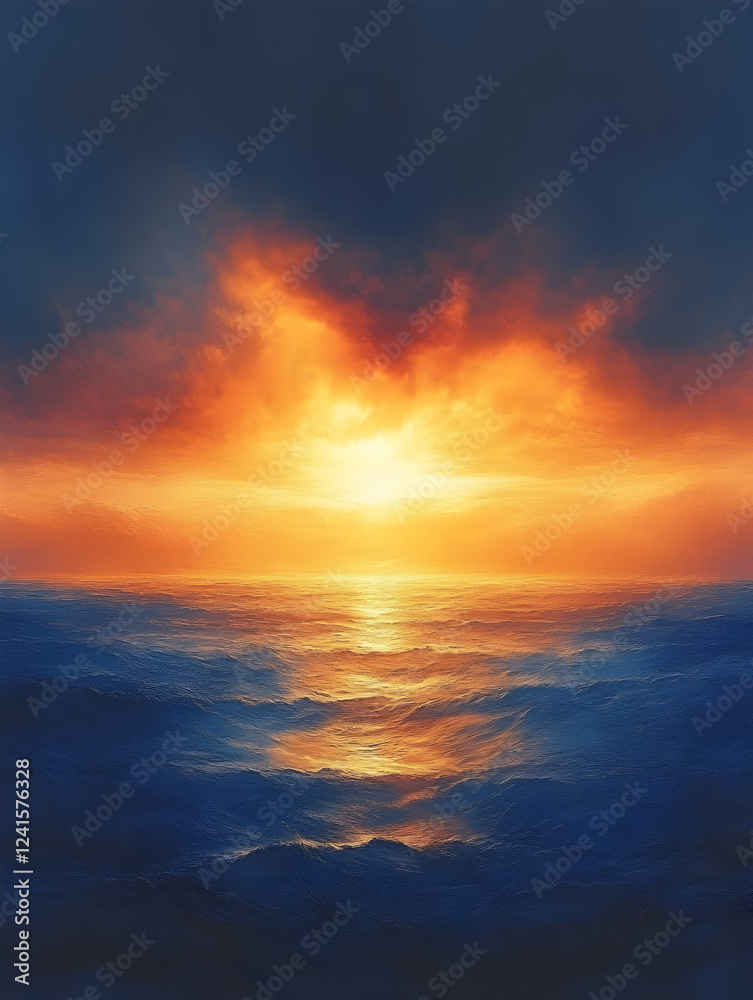 Fototapeta premium Fiery sunset over ocean, cloudscape background; ideal for travel or nature publications