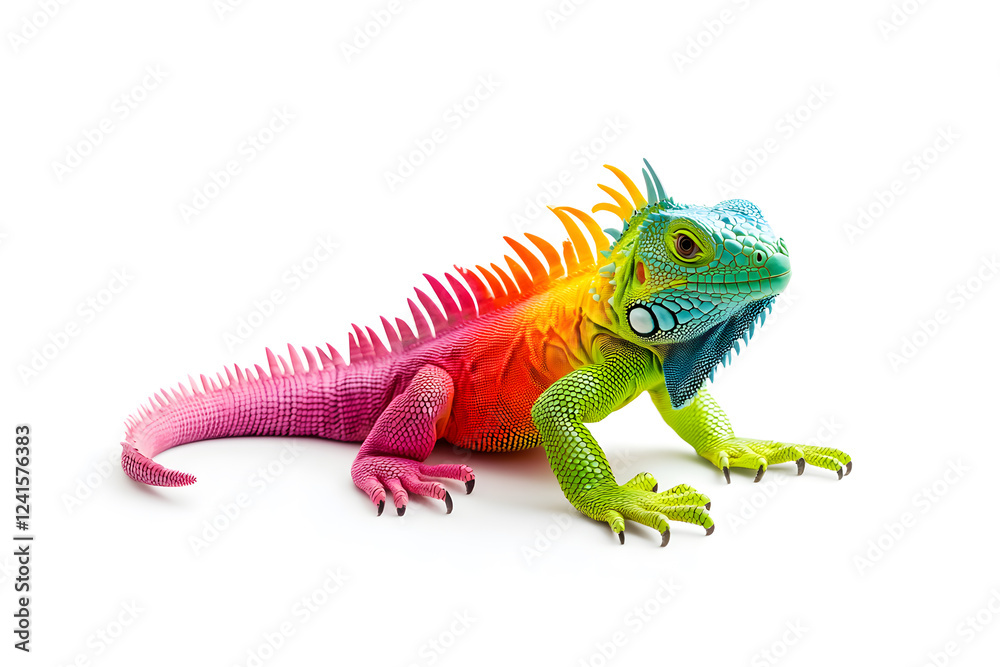 Obraz premium Rainbow color reptilian Iguana sitting on white backdrop