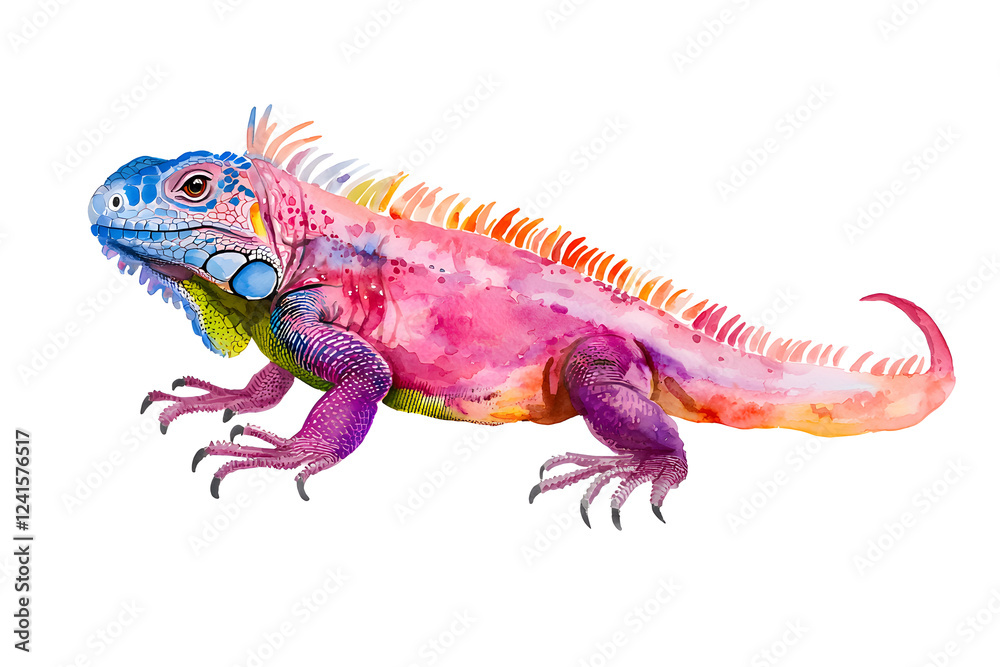 Fototapeta premium Rainbow color reptilian Iguana sitting on white backdrop