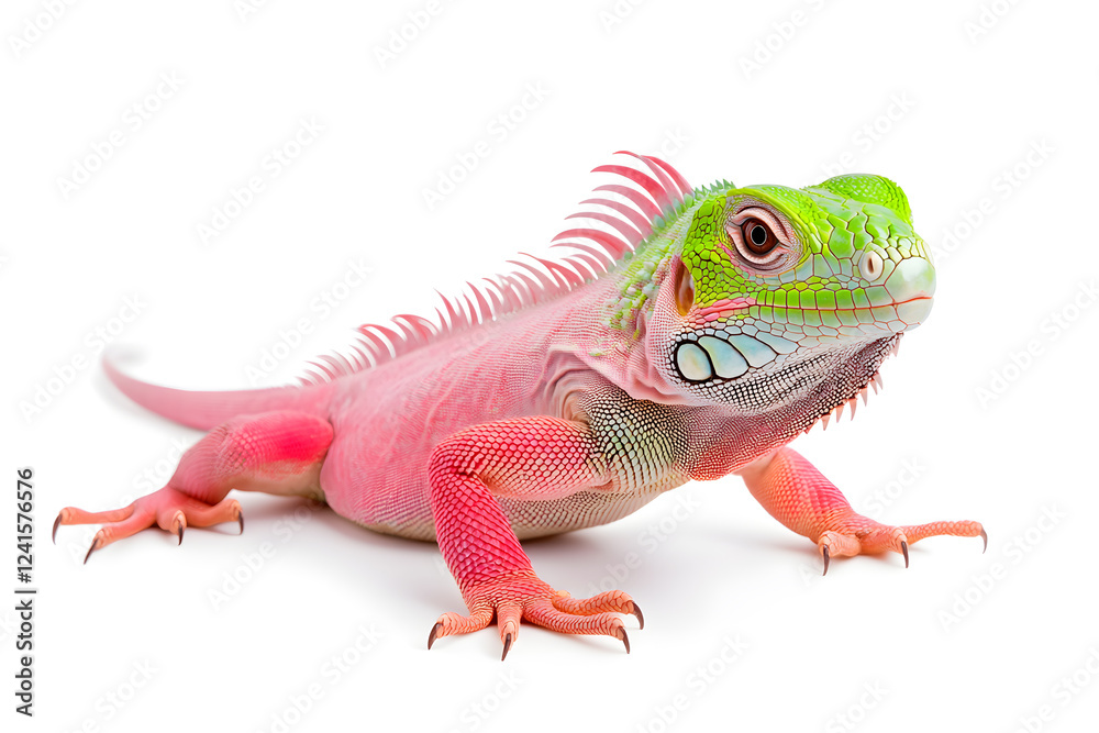 Fototapeta premium Rainbow color reptilian Iguana sitting on white backdrop