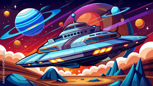 Futuristic spaceship flying in a colorful outer space scene with planets, rings, stars, and a vibrant alien landscape featuring rocky terrain and glowing clouds