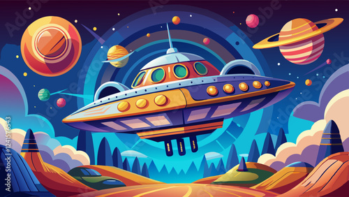 Colorful UFO hovering in an alien landscape with a vibrant cosmic background featuring planets, rings, stars, and a surreal atmosphere of glowing clouds and futuristic terrain