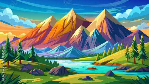 Vibrant mountain landscape with colorful peaks, a clear flowing river, lush green trees, and a serene sky at sunset creating a peaceful and picturesque scene