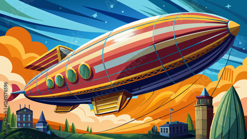 Colorful airship soaring over a vibrant cityscape with towers, houses, and a dramatic sky filled with swirling clouds and stars
