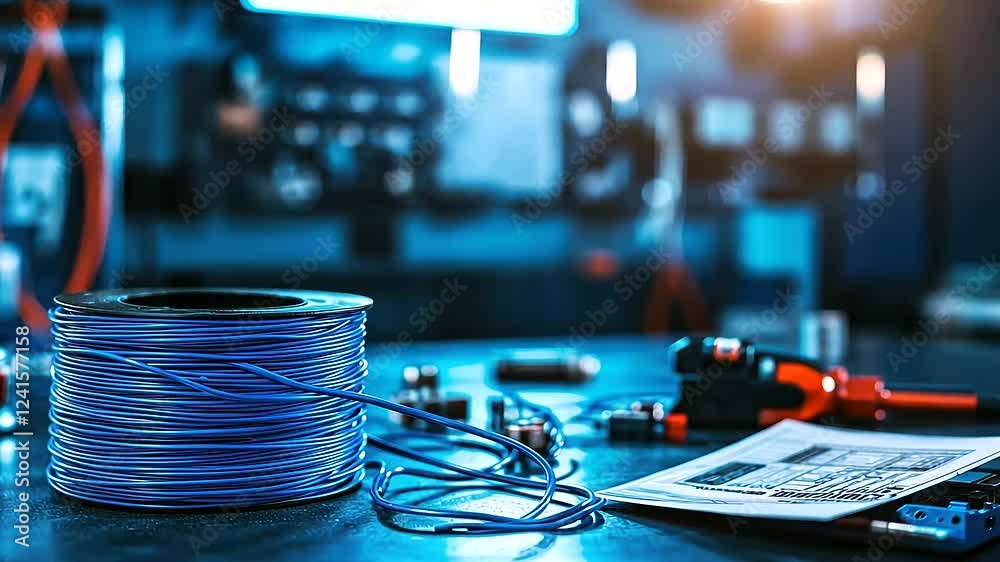 A spool of blue electrical wiring resting on a workshop table, surrounded by clamps, wire labels, and an open manual for electrical installations.