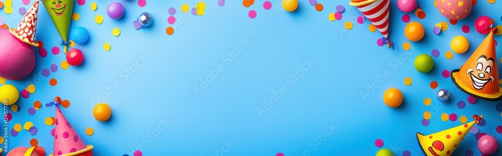 Bright and cheerful mockup background with space for text decorated with cartoonish jester hats, laughing emojis, and a fun party theme for April Fools Day Bright and cheerful mockup background with space for text decorated with cartoonish jester hats, laughing emojis, and a fun party theme for April Fools Day