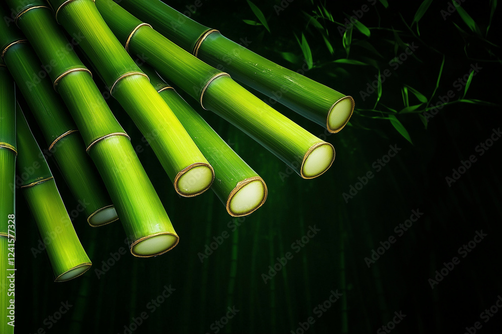 Bamboo stalks against a dark green background. Bamboo plants in the dark. Green bamboo background Bamboo stalks against a dark green background. Bamboo plants in the dark. Green bamboo background