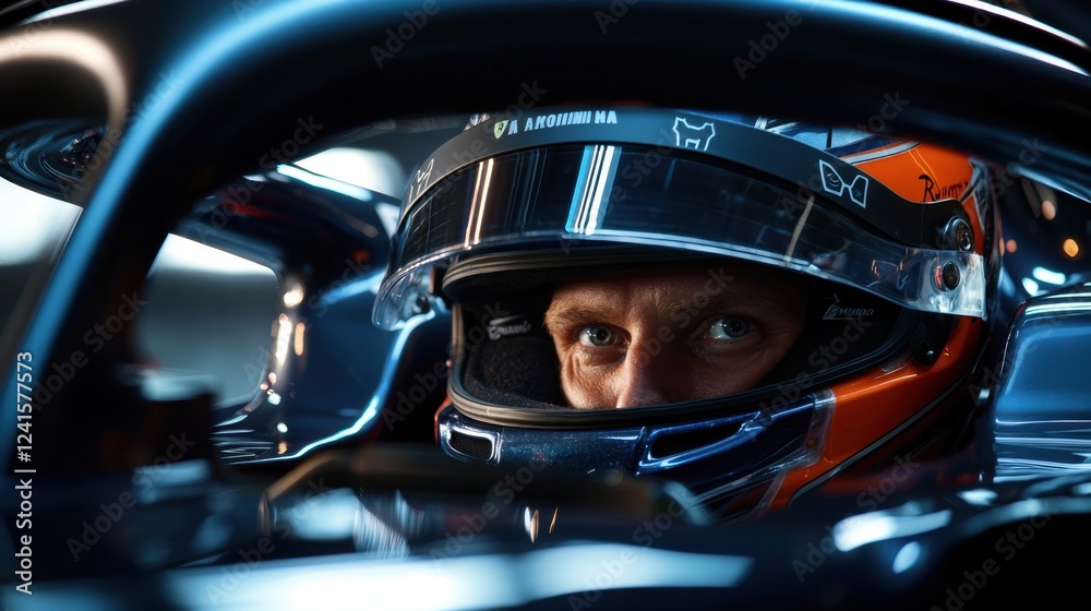 A man in a racing helmet is looking out of the cockpit of a race car A man in a racing helmet is looking out of the cockpit of a race car