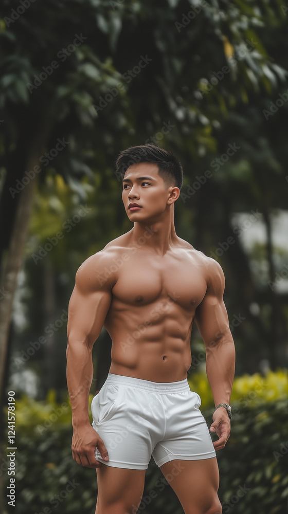Sporty Handsome Asian Male Model in White Underwear with Athletic Fit Body Sporty Handsome Asian Male Model in White Underwear with Athletic Fit Body