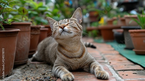 Cat sunbathing garden plants relaxing
