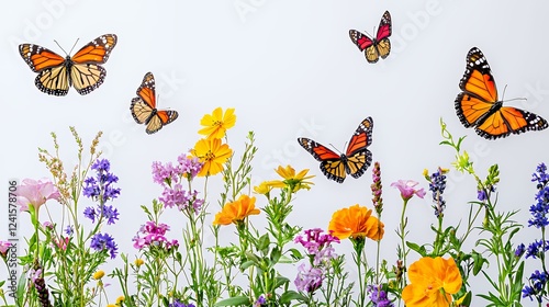monarch butterflies flying over a field of flowers 
