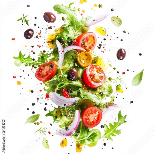 Obraz na płótnie Mediterranean salad explosion, white background, healthy food, recipe w salonie