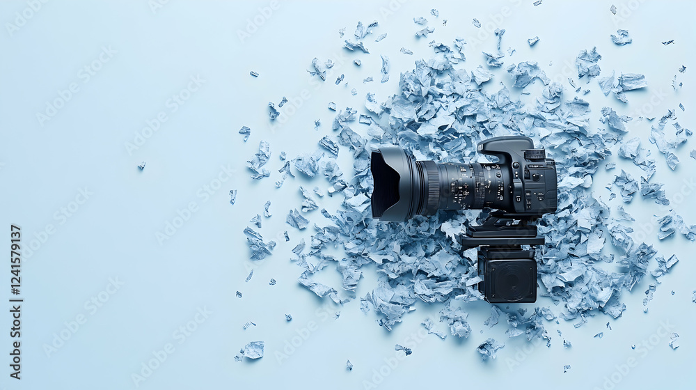 Naklejka premium Camera on blue paper scraps, flatlay, photography concept, website banner