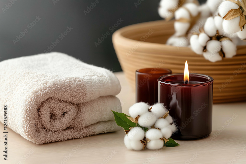 Towel and Candles with Spa Products. Stack of white towel and burning candles with cotton flowers in basket. Relaxation and spa essentials Towel and Candles with Spa Products. Stack of white towel and burning candles with cotton flowers in basket. Relaxation and spa essentials