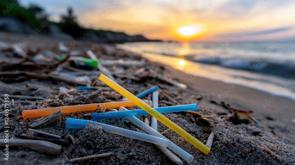 Obraz premium A beach covered in plastic straws