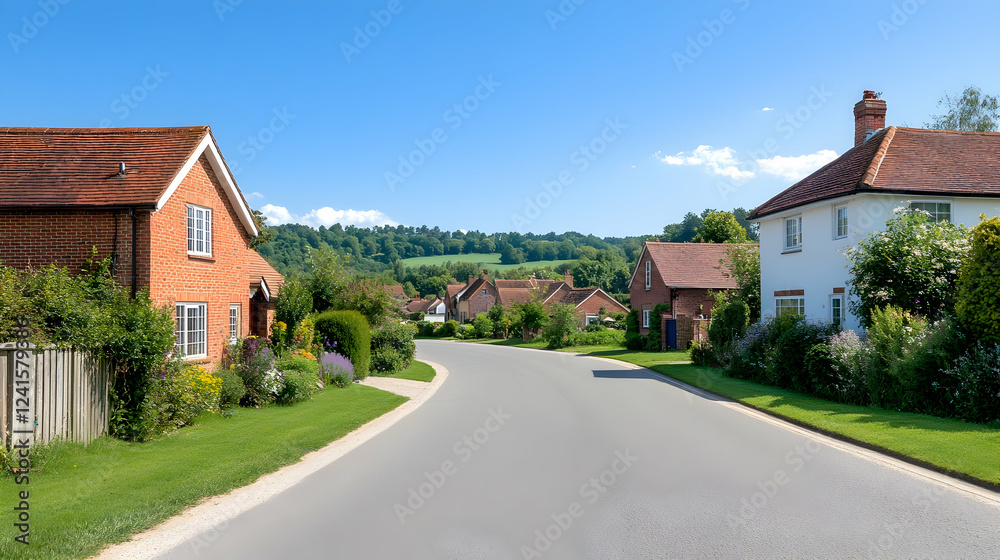 Naklejka premium Charming village street, idyllic homes, rolling hills, sunny day; perfect for real estate or travel brochures