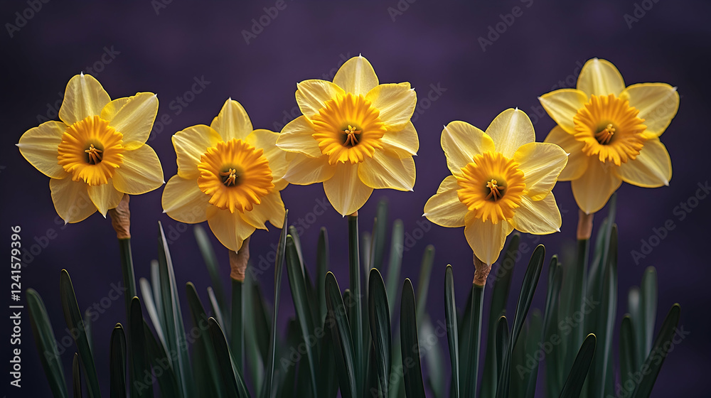 Fototapeta premium Five yellow daffodils against a purple background, spring floral arrangement, greeting card
