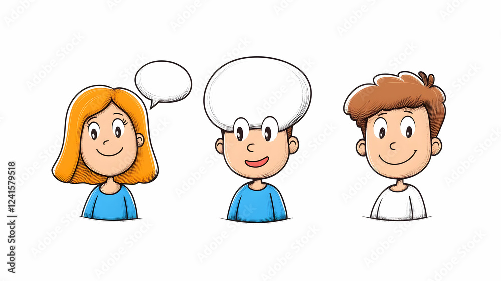 Children thinking, chatting, smiling; diverse group; white background; for education Children thinking, chatting, smiling; diverse group; white background; for education